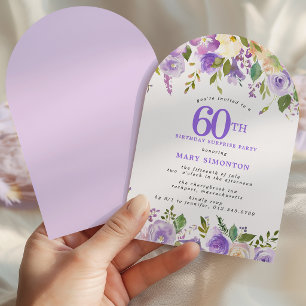 SURPRISE PARTY 60th Birthday Purple Floral Arch Invitation