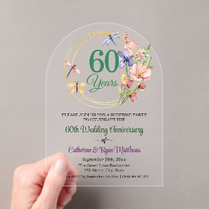 Surprise Party 60th Wedding Anniversary Floral Acrylic Invitations