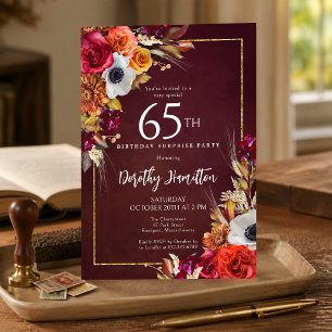 SURPRISE PARTY 65th Birthday Burgundy Fall Flowers Invitation