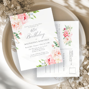 SURPRISE PARTY 65th Birthday Feminine Pink Floral Invitation Postcard