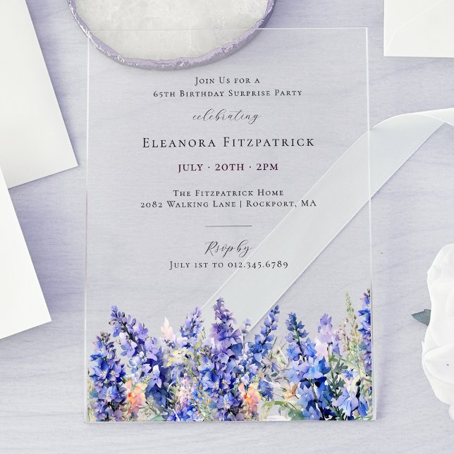 SURPRISE PARTY 65th Birthday July Birth Flower Acrylic Invitations (Creator Uploaded)