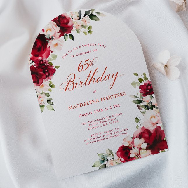 SURPRISE PARTY 65th Birthday Red Pink Floral Arch Invitation (Creator Uploaded)