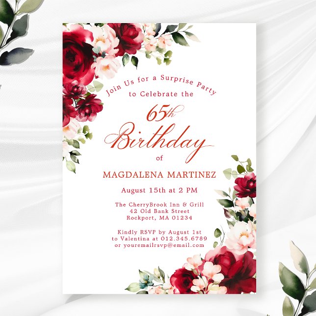 SURPRISE PARTY 65th Birthday Red Pink Floral Invitation (Creator Uploaded)