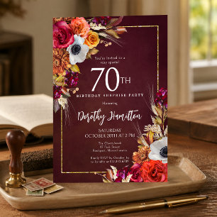 SURPRISE PARTY 70th Birthday Burgundy Fall Flowers Invitation