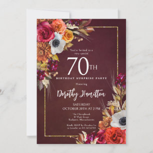 SURPRISE PARTY 70th Birthday Burgundy Fall Flowers Invitation