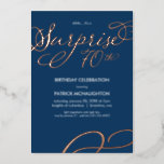 Surprise Party 70th Birthday Gold Foil Invitation<br><div class="desc">This modern and elegant surprise 70th birthday party invitation features the words "surprise 70th" in rose gold foil script font with a matching swirling design in the bottom right corner over a navy blue background (that can be changed to any colour of your choice). Customise this trendy invite with the...</div>