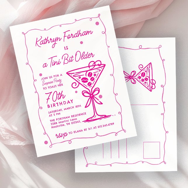 SURPRISE PARTY 70th Birthday Pink Doodle Martini Invitation Postcard (Creator Uploaded)