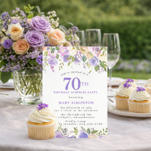SURPRISE PARTY 70th Birthday Pretty Purple Floral Invitation