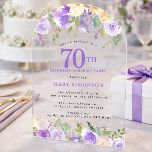 SURPRISE PARTY 70th Birthday Purple Floral Clear Acrylic Invitations