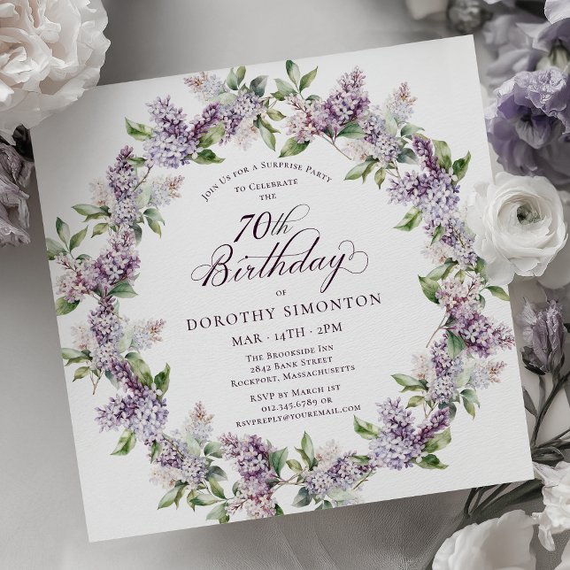 SURPRISE PARTY 70th Birthday Purple Lilac Floral Invitation (Creator Uploaded)