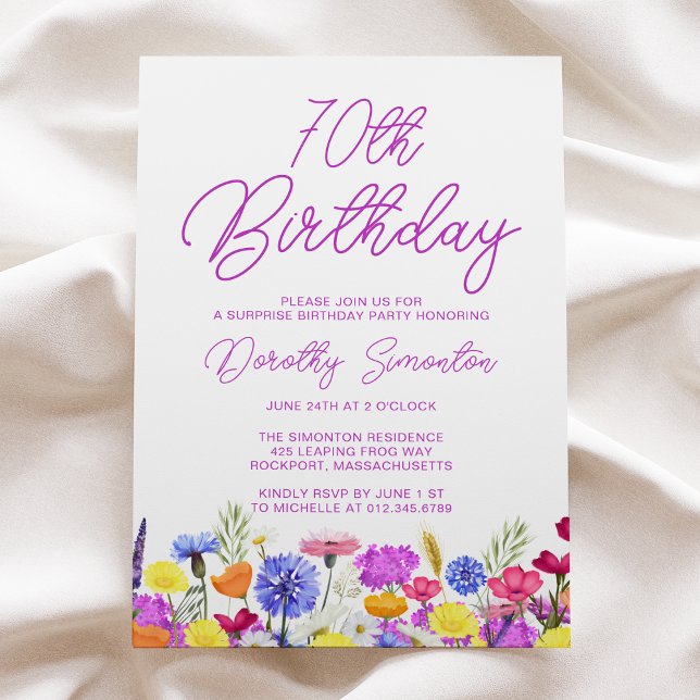 SURPRISE PARTY 70TH Birthday Purple Wildflower Invitation (Creator Uploaded)