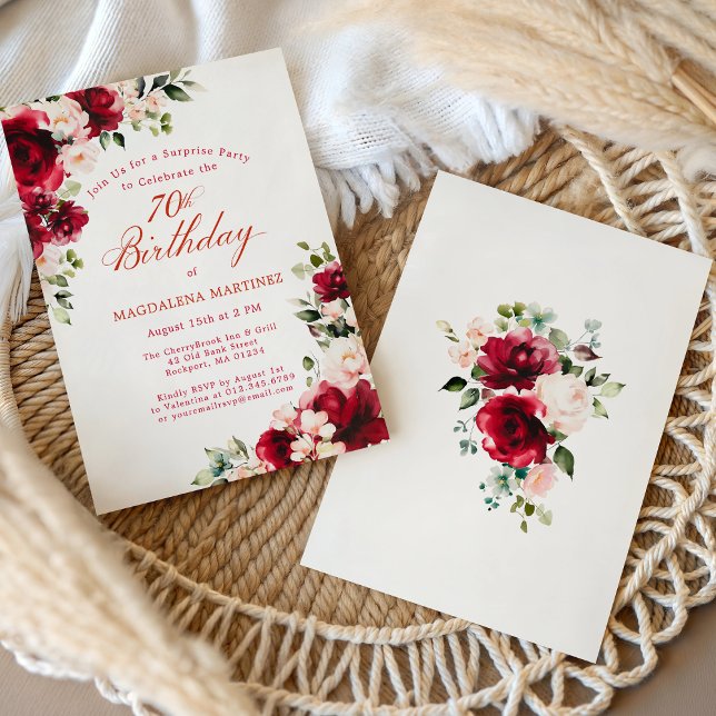 SURPRISE PARTY 70th Birthday Red Pink Floral Invitation (Creator Uploaded)