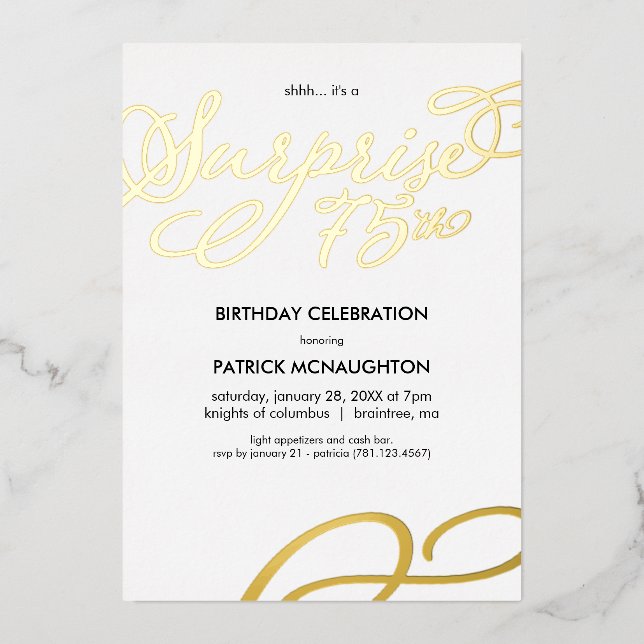 Surprise Party 75th Birthday Gold Foil Invitation (Front)