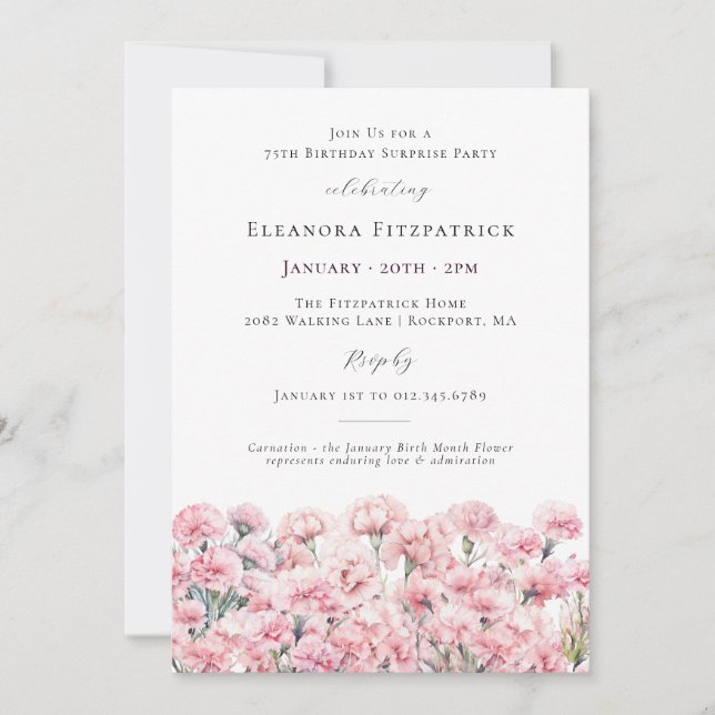 SURPRISE PARTY 75th Birthday Pink Carnation Floral Invitation (Front)
