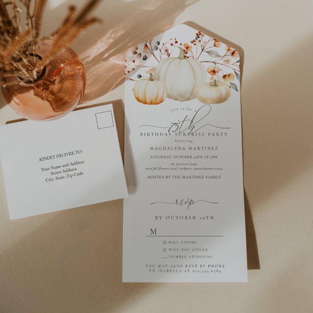 SURPRISE PARTY 75th Birthday Pumpkin Fall Leaves All In One Invitation (Creator Uploaded)