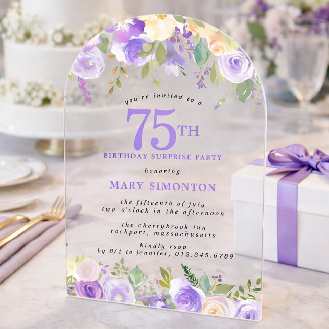 SURPRISE PARTY 75th Birthday Purple Floral Clear Acrylic Invitations (Creator Uploaded)