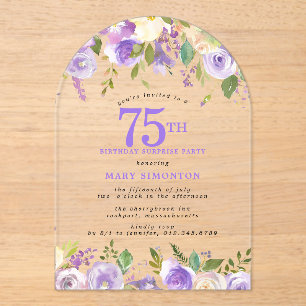 SURPRISE PARTY 75th Birthday Purple Floral Clear Acrylic Invitations