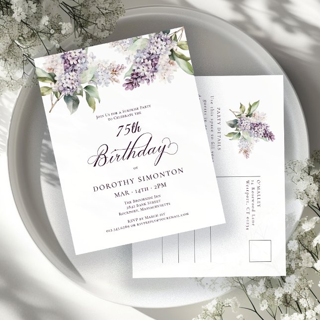 SURPRISE PARTY 75th Birthday Purple Lilac Floral Invitation Postcard (Creator Uploaded)