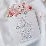 SURPRISE PARTY 80th Birthday Elegant Pink Peony Invitation<br><div class="desc">A beautiful and feminine surprise party invitation to celebrate a birthday in elegant style. This floral design has a top border of charming pink peony flowers and greenery.  This invitation is available as a printed invitation or digital download.</div>