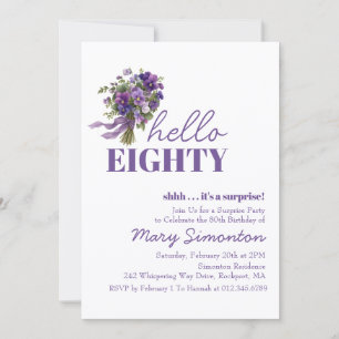 SURPRISE PARTY 80th Birthday Purple Floral Bouquet Invitation
