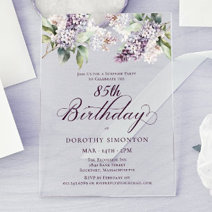 SURPRISE PARTY 85th Birthday Purple Lilac Floral Acrylic Invitations
