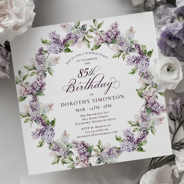 SURPRISE PARTY 85th Birthday Purple Lilac Floral Invitation (Creator Uploaded)