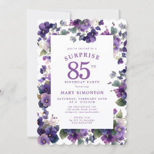 SURPRISE PARTY 85th Birthday Purple Violet Floral Invitation