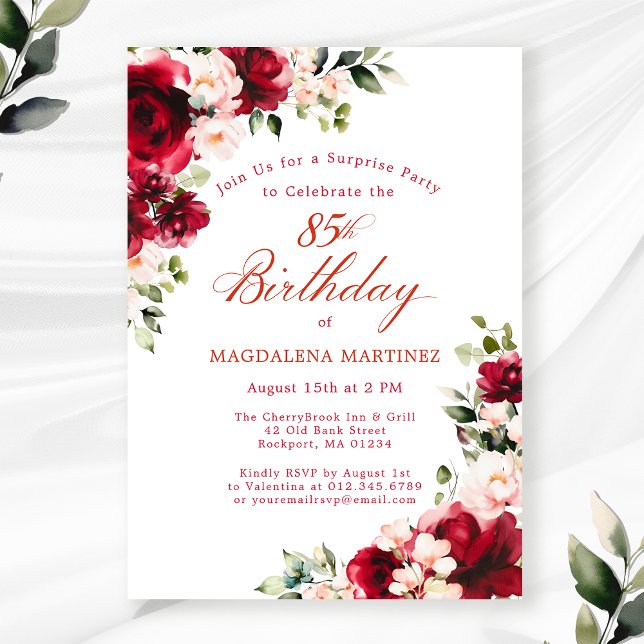 SURPRISE PARTY 85th Birthday Red Pink Floral Invitation (Creator Uploaded)