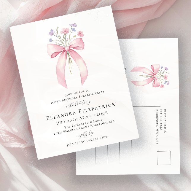 SURPRISE PARTY 90th Birthday Bow Wildflower Invitation Postcard (Creator Uploaded)
