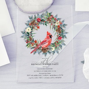 SURPRISE PARTY 90th Birthday Cardinal Wreath Acrylic Invitations