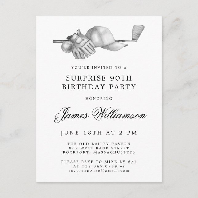 SURPRISE Party 90th Birthday Golf Theme Invitation Postcard (Front)