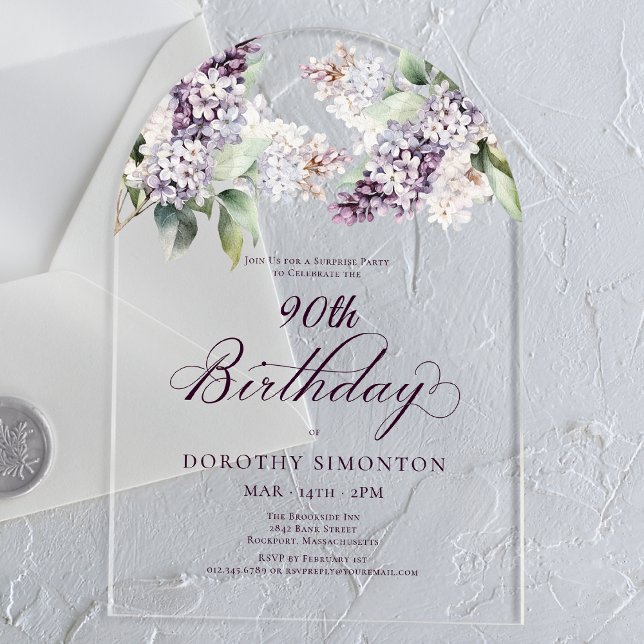 SURPRISE PARTY 90th Birthday Purple Floral Arch Acrylic Invitations (Creator Uploaded)