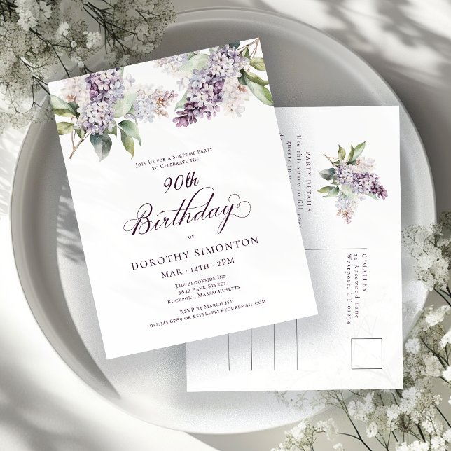 SURPRISE PARTY 90th Birthday Purple Lilac Floral Invitation Postcard (Creator Uploaded)