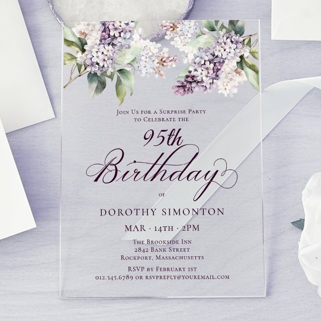 SURPRISE PARTY 95th Birthday Purple Lilac Floral Acrylic Invitations (Creator Uploaded)