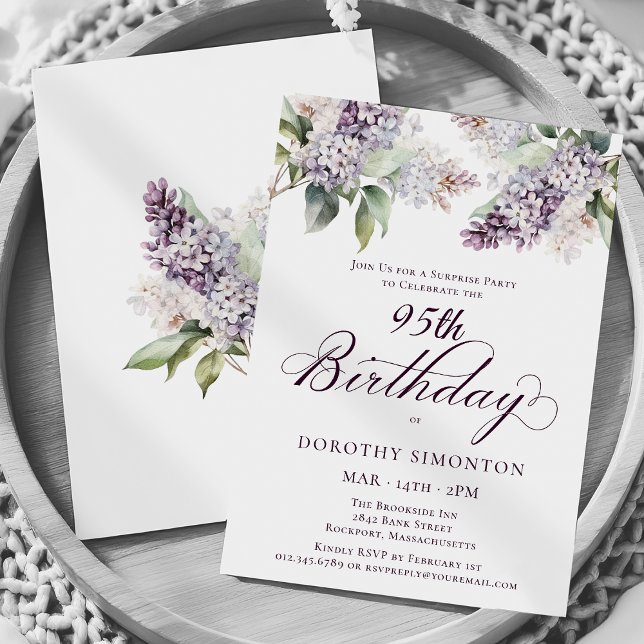  SURPRISE PARTY 95th Birthday Purple Lilac Floral Invitation (Creator Uploaded)