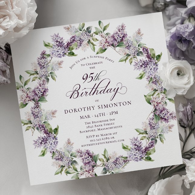 SURPRISE PARTY 95th Birthday Purple Lilac Floral Invitation (Creator Uploaded)