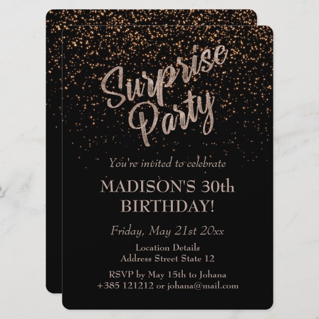 Surprise Party Birthday Gold Glitter Invitation (Front/Back)