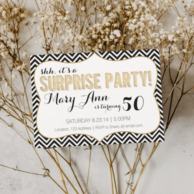 Surprise Party Black and Gold Chevron Invitation (Creator Uploaded)