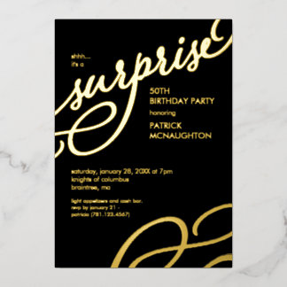 Surprise Party Black and Gold Foil Invitation
