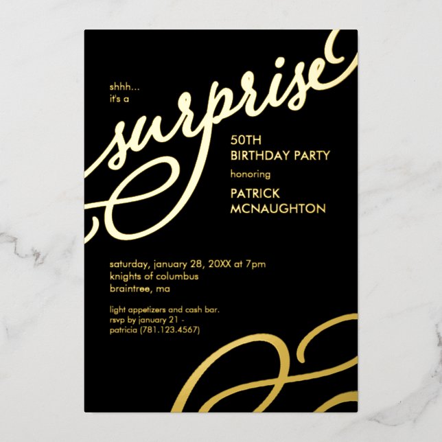 Surprise Party Black and Gold Foil Invitation (Front)