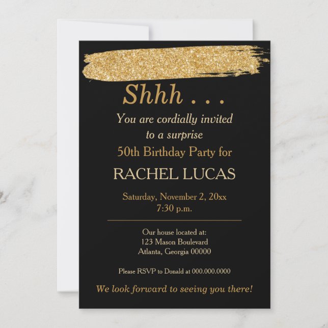 Surprise Party Black Gold Glitter Style Invitation (Front)
