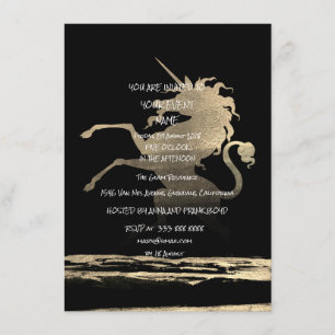 Surprise Party Black Golden Brushes Unicorn Invitation
