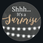 Surprise Party Celebration Glitter Classic Round Sticker<br><div class="desc">Personalised party stickers featuring a chalkboard background,  string fairy lights and the words "SHHH... IT'S A SURPRISE".</div>