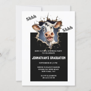 Surprise party   Funny cartoon cow with photo grad Invitation