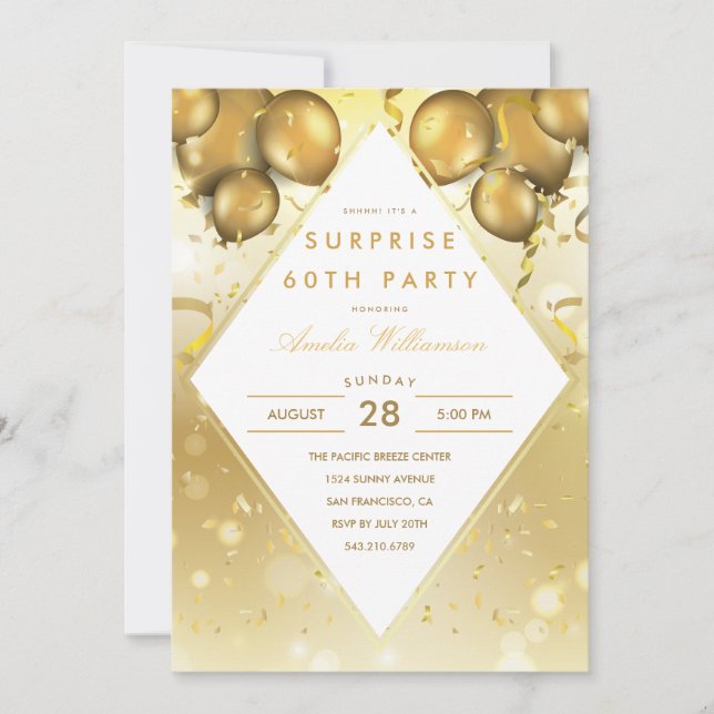 Surprise Party | Glam Gold Balloons & Confetti Invitation (Front)