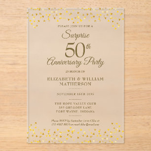 Surprise Party Golden 50th Wedding Anniversary Acrylic Invitations