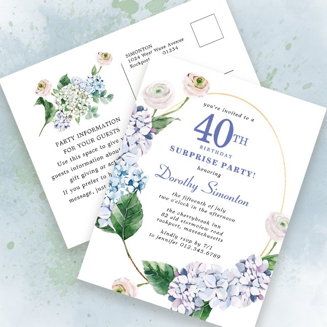 Surprise Party Hydrangea Rose 40th Birthday Postcard (Creator Uploaded)