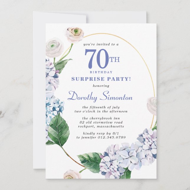Surprise Party Hydrangea Rose 70th Birthday Invitation (Front)