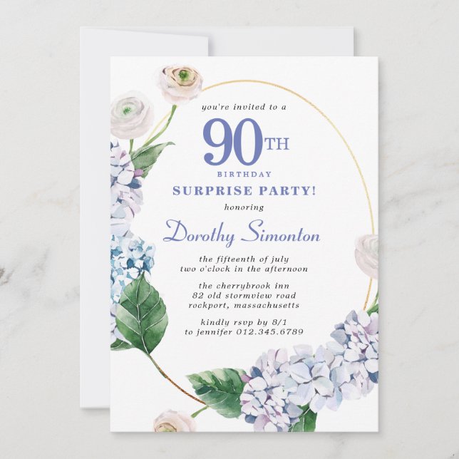 Surprise Party Hydrangea Rose 90th Birthday Invitation (Front)
