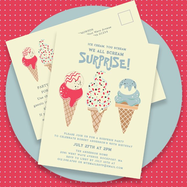 Surprise Party Ice Cream 40th Birthday Invitation Postcard (Creator Uploaded)